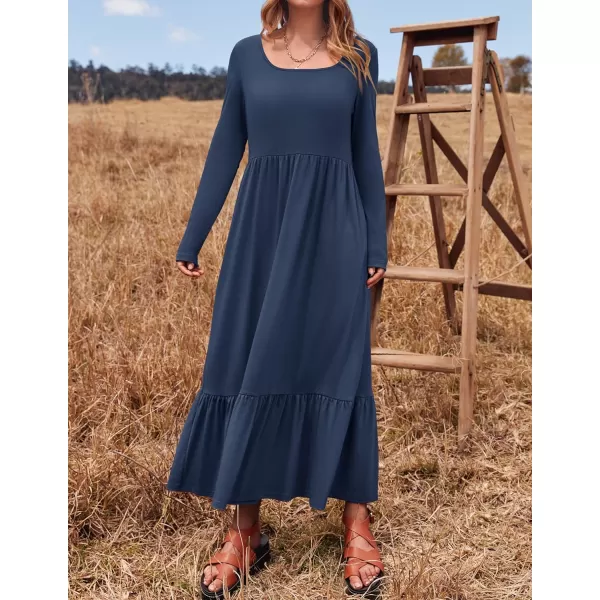 imageZESICA Womens 2024 Spring Dresses Long Sleeve Square Neck Summer Casual Swing Maxi Dress with PocketsNavy