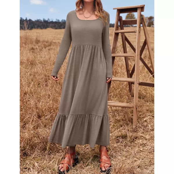 imageZESICA Womens 2024 Spring Dresses Long Sleeve Square Neck Summer Casual Swing Maxi Dress with PocketsOatmeal