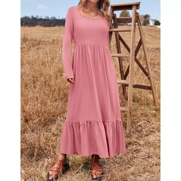 imageZESICA Womens 2024 Spring Dresses Long Sleeve Square Neck Summer Casual Swing Maxi Dress with PocketsPink