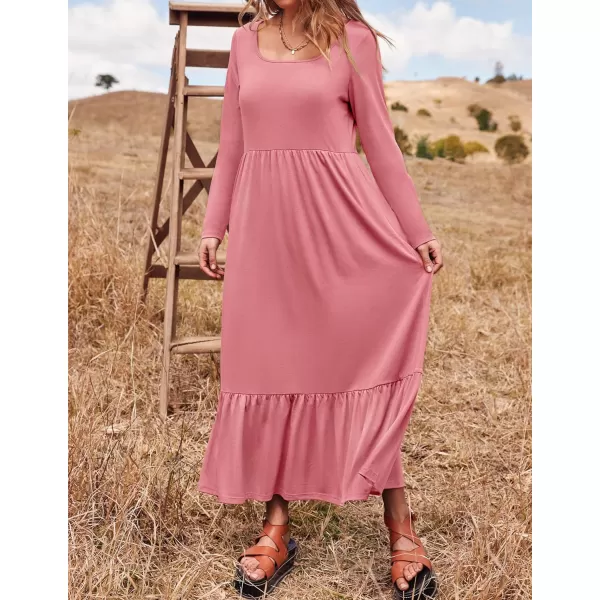 imageZESICA Womens 2024 Spring Dresses Long Sleeve Square Neck Summer Casual Swing Maxi Dress with PocketsPink