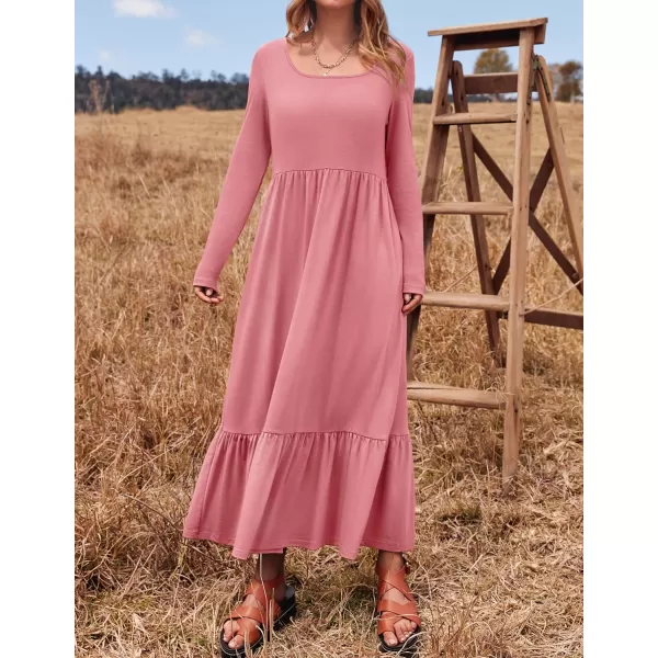 imageZESICA Womens 2024 Spring Dresses Long Sleeve Square Neck Summer Casual Swing Maxi Dress with PocketsPink