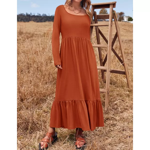 imageZESICA Womens 2024 Spring Dresses Long Sleeve Square Neck Summer Casual Swing Maxi Dress with PocketsRust