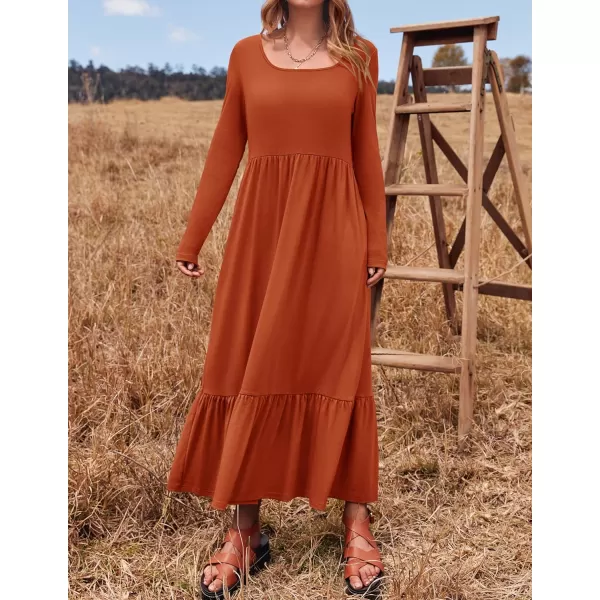 imageZESICA Womens 2024 Spring Dresses Long Sleeve Square Neck Summer Casual Swing Maxi Dress with PocketsRust