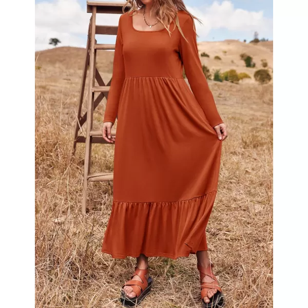 imageZESICA Womens 2024 Spring Dresses Long Sleeve Square Neck Summer Casual Swing Maxi Dress with PocketsRust