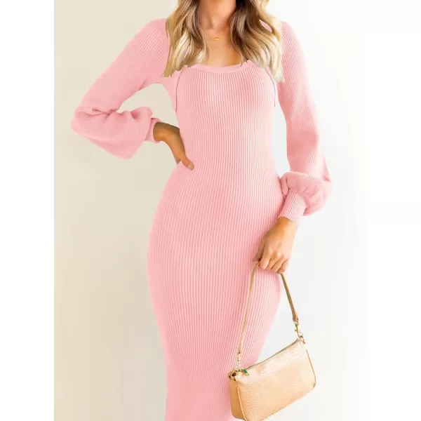 imageZESICA Womens 2024 Spring Sweater Dress Square Neck Puff Long Sleeve Slim Fit Bodycon Ribbed Knit DresssLightpink