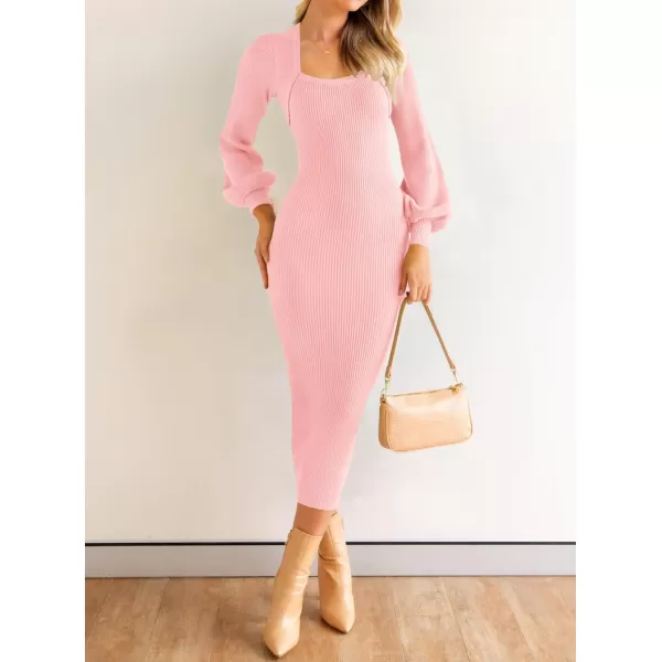 imageZESICA Womens 2024 Spring Sweater Dress Square Neck Puff Long Sleeve Slim Fit Bodycon Ribbed Knit DresssLightpink