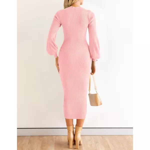imageZESICA Womens 2024 Spring Sweater Dress Square Neck Puff Long Sleeve Slim Fit Bodycon Ribbed Knit DresssPink
