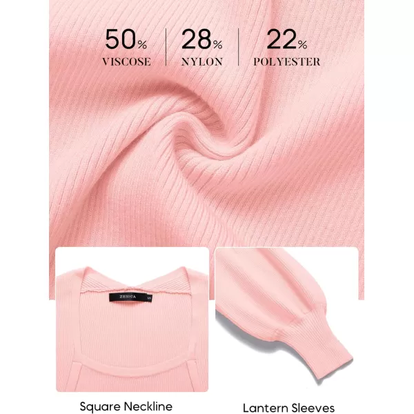 imageZESICA Womens 2024 Spring Sweater Dress Square Neck Puff Long Sleeve Slim Fit Bodycon Ribbed Knit DresssPink
