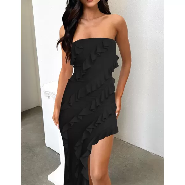 imageZESICA Womens 2024 Strapless Bodycon Dress Sexy Off Shoulder Mesh Tassel Ruffle Side Split Tube Party Maxi DressesBlack