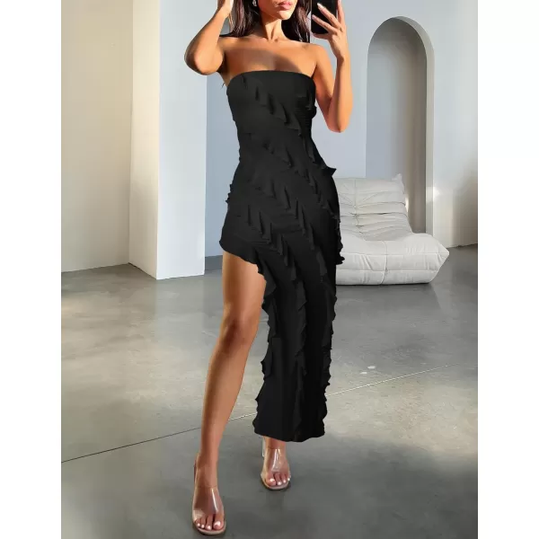 imageZESICA Womens 2024 Strapless Bodycon Dress Sexy Off Shoulder Mesh Tassel Ruffle Side Split Tube Party Maxi DressesBlack