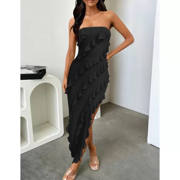 imageZESICA Womens 2024 Strapless Bodycon Dress Sexy Off Shoulder Mesh Tassel Ruffle Side Split Tube Party Maxi DressesBlack