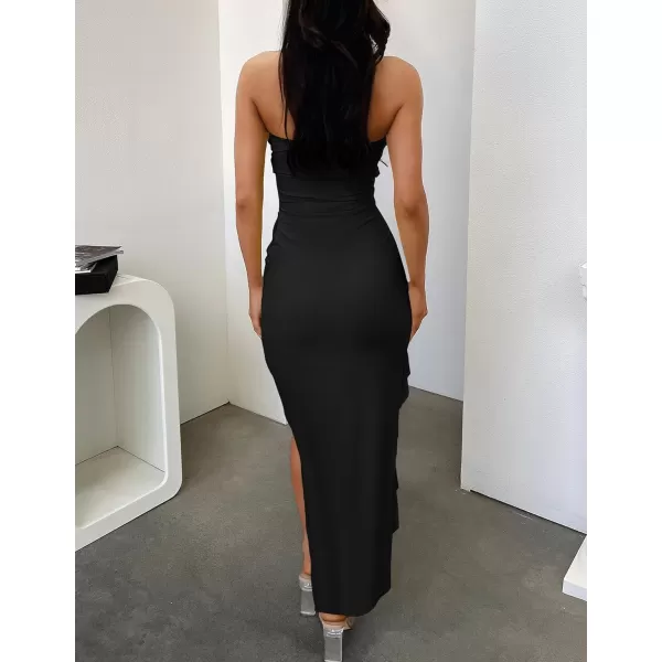 imageZESICA Womens 2024 Strapless Bodycon Dress Sexy Off Shoulder Mesh Tassel Ruffle Side Split Tube Party Maxi DressesBlack