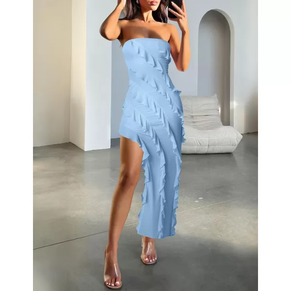 imageZESICA Womens 2024 Strapless Bodycon Dress Sexy Off Shoulder Mesh Tassel Ruffle Side Split Tube Party Maxi DressesBlue
