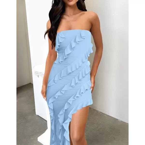 imageZESICA Womens 2024 Strapless Bodycon Dress Sexy Off Shoulder Mesh Tassel Ruffle Side Split Tube Party Maxi DressesBlue