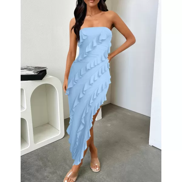 imageZESICA Womens 2024 Strapless Bodycon Dress Sexy Off Shoulder Mesh Tassel Ruffle Side Split Tube Party Maxi DressesBlue