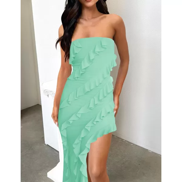 imageZESICA Womens 2024 Strapless Bodycon Dress Sexy Off Shoulder Mesh Tassel Ruffle Side Split Tube Party Maxi DressesMint