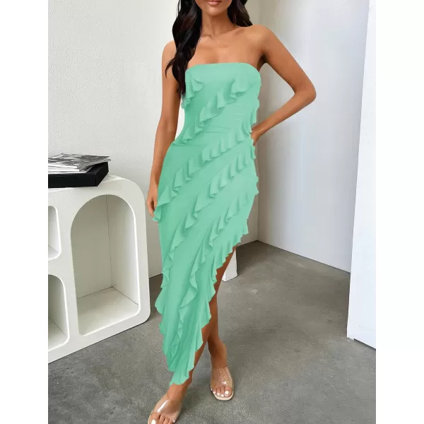 imageZESICA Womens 2024 Strapless Bodycon Dress Sexy Off Shoulder Mesh Tassel Ruffle Side Split Tube Party Maxi DressesMint