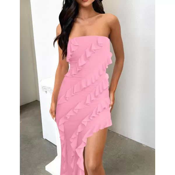 imageZESICA Womens 2024 Strapless Bodycon Dress Sexy Off Shoulder Mesh Tassel Ruffle Side Split Tube Party Maxi DressesPink