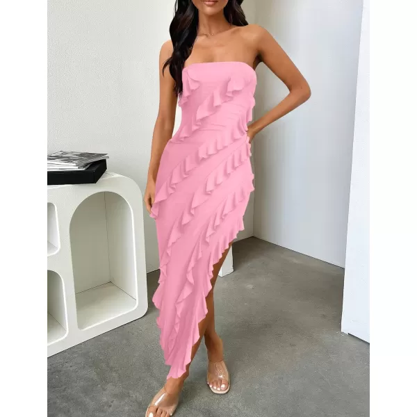 imageZESICA Womens 2024 Strapless Bodycon Dress Sexy Off Shoulder Mesh Tassel Ruffle Side Split Tube Party Maxi DressesPink