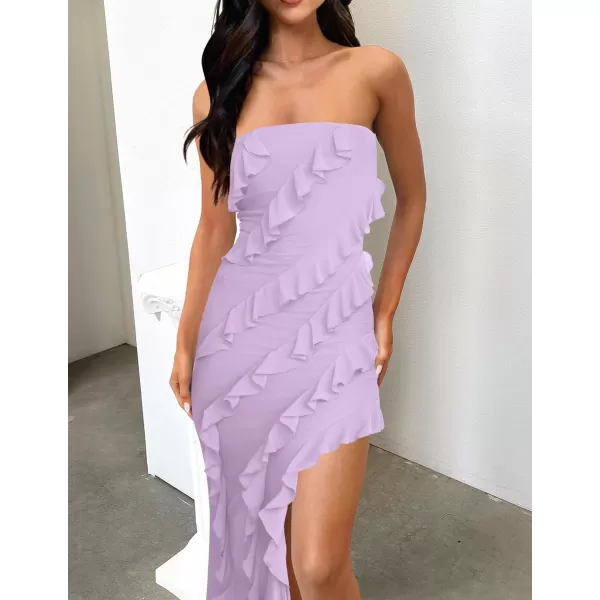 imageZESICA Womens 2024 Strapless Bodycon Dress Sexy Off Shoulder Mesh Tassel Ruffle Side Split Tube Party Maxi DressesPurple