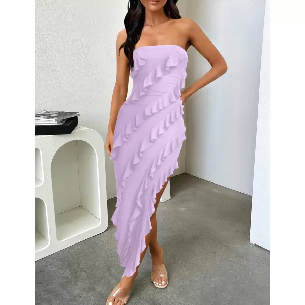 imageZESICA Womens 2024 Strapless Bodycon Dress Sexy Off Shoulder Mesh Tassel Ruffle Side Split Tube Party Maxi DressesPurple