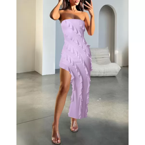imageZESICA Womens 2024 Strapless Bodycon Dress Sexy Off Shoulder Mesh Tassel Ruffle Side Split Tube Party Maxi DressesPurple