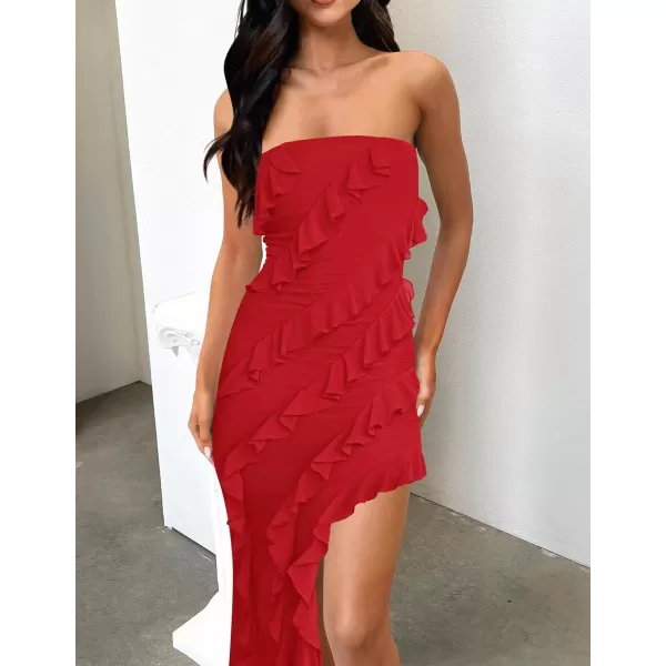 imageZESICA Womens 2024 Strapless Bodycon Dress Sexy Off Shoulder Mesh Tassel Ruffle Side Split Tube Party Maxi DressesRed