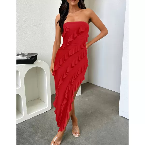imageZESICA Womens 2024 Strapless Bodycon Dress Sexy Off Shoulder Mesh Tassel Ruffle Side Split Tube Party Maxi DressesRed