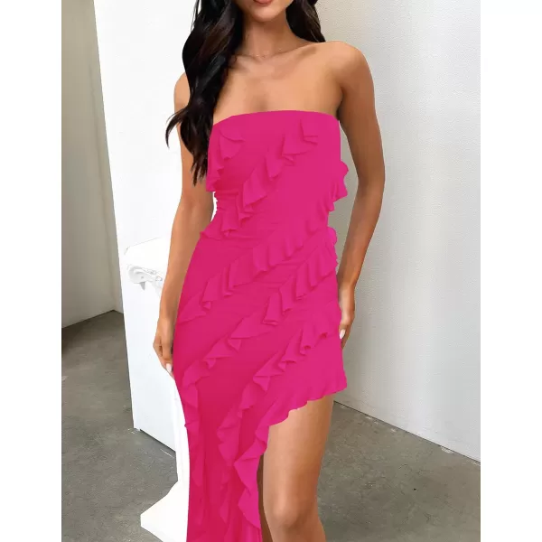 imageZESICA Womens 2024 Strapless Bodycon Dress Sexy Off Shoulder Mesh Tassel Ruffle Side Split Tube Party Maxi DressesRose