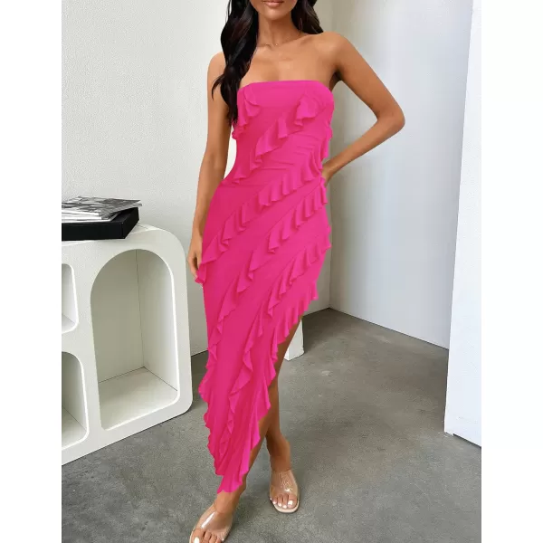 imageZESICA Womens 2024 Strapless Bodycon Dress Sexy Off Shoulder Mesh Tassel Ruffle Side Split Tube Party Maxi DressesRose