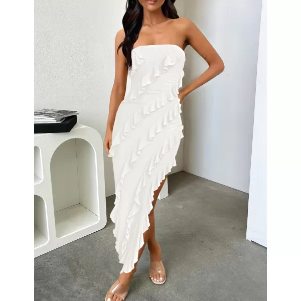 imageZESICA Womens 2024 Strapless Bodycon Dress Sexy Off Shoulder Mesh Tassel Ruffle Side Split Tube Party Maxi DressesWhite