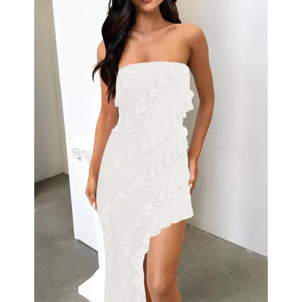 imageZESICA Womens 2024 Strapless Bodycon Dress Sexy Off Shoulder Mesh Tassel Ruffle Side Split Tube Party Maxi DressesWhite