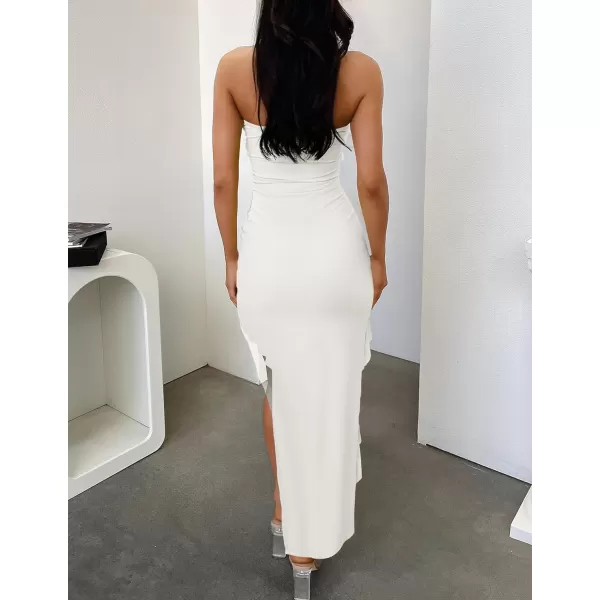 imageZESICA Womens 2024 Strapless Bodycon Dress Sexy Off Shoulder Mesh Tassel Ruffle Side Split Tube Party Maxi DressesWhite