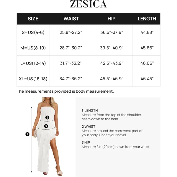 imageZESICA Womens 2024 Strapless Bodycon Dress Sexy Off Shoulder Mesh Tassel Ruffle Side Split Tube Party Maxi DressesWhite