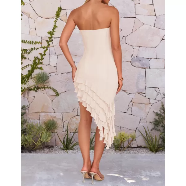 imageZESICA Womens 2024 Strapless Bodycon Tube Dress Sexy Off Shoulder Mesh Irregular Ruffle Backless Party Midi DressesApricot