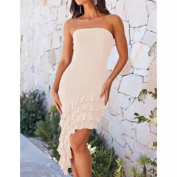 imageZESICA Womens 2024 Strapless Bodycon Tube Dress Sexy Off Shoulder Mesh Irregular Ruffle Backless Party Midi DressesApricot
