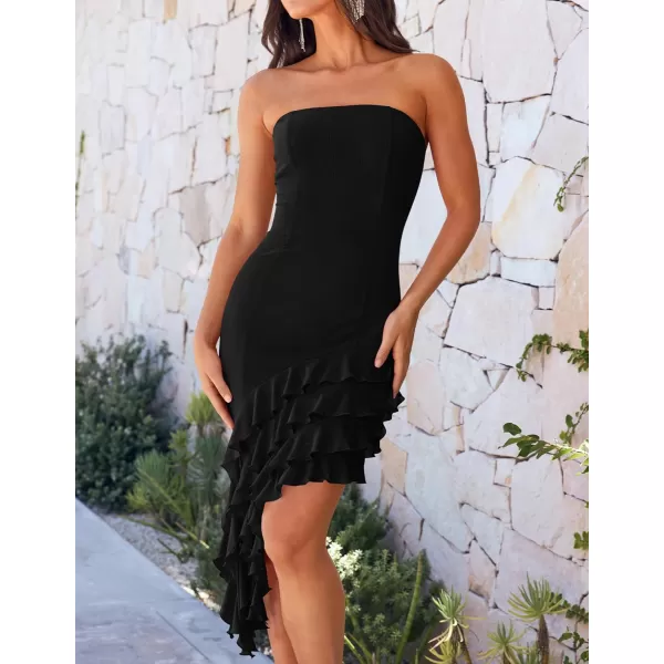 imageZESICA Womens 2024 Strapless Bodycon Tube Dress Sexy Off Shoulder Mesh Irregular Ruffle Backless Party Midi DressesBlack