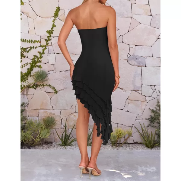 imageZESICA Womens 2024 Strapless Bodycon Tube Dress Sexy Off Shoulder Mesh Irregular Ruffle Backless Party Midi DressesBlack
