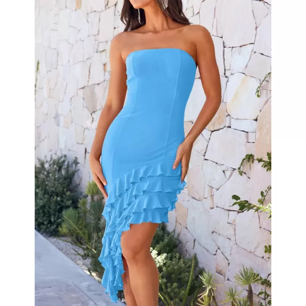 imageZESICA Womens 2024 Strapless Bodycon Tube Dress Sexy Off Shoulder Mesh Irregular Ruffle Backless Party Midi DressesBlue
