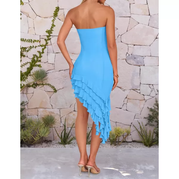 imageZESICA Womens 2024 Strapless Bodycon Tube Dress Sexy Off Shoulder Mesh Irregular Ruffle Backless Party Midi DressesBlue
