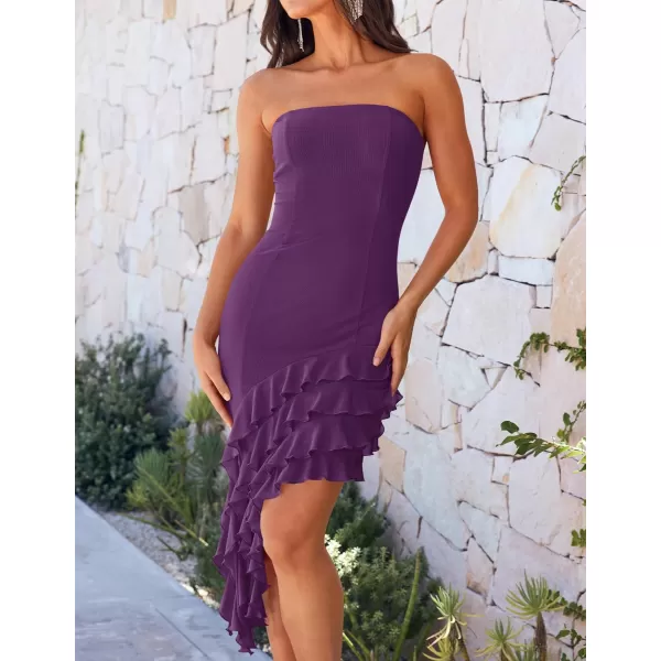 imageZESICA Womens 2024 Strapless Bodycon Tube Dress Sexy Off Shoulder Mesh Irregular Ruffle Backless Party Midi DressesDarkpurple