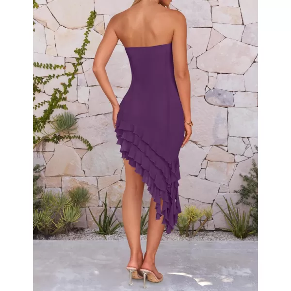 imageZESICA Womens 2024 Strapless Bodycon Tube Dress Sexy Off Shoulder Mesh Irregular Ruffle Backless Party Midi DressesDarkpurple