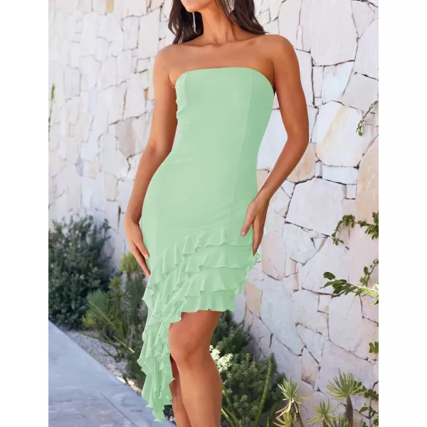 imageZESICA Womens 2024 Strapless Bodycon Tube Dress Sexy Off Shoulder Mesh Irregular Ruffle Backless Party Midi DressesLightgreen