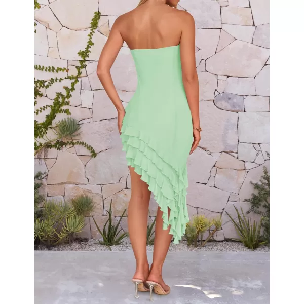 imageZESICA Womens 2024 Strapless Bodycon Tube Dress Sexy Off Shoulder Mesh Irregular Ruffle Backless Party Midi DressesLightgreen