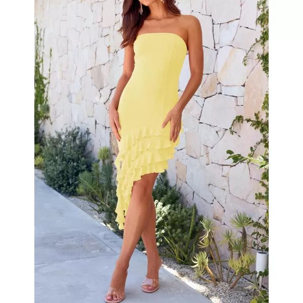 imageZESICA Womens 2024 Strapless Bodycon Tube Dress Sexy Off Shoulder Mesh Irregular Ruffle Backless Party Midi DressesLightyellow