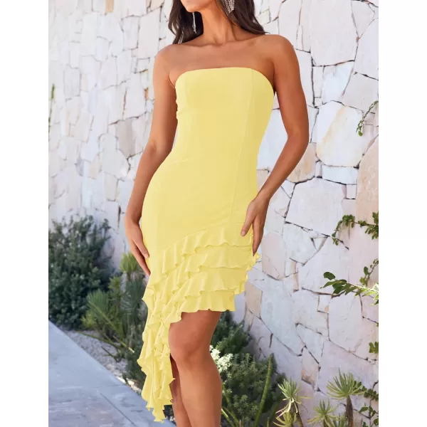 imageZESICA Womens 2024 Strapless Bodycon Tube Dress Sexy Off Shoulder Mesh Irregular Ruffle Backless Party Midi DressesLightyellow