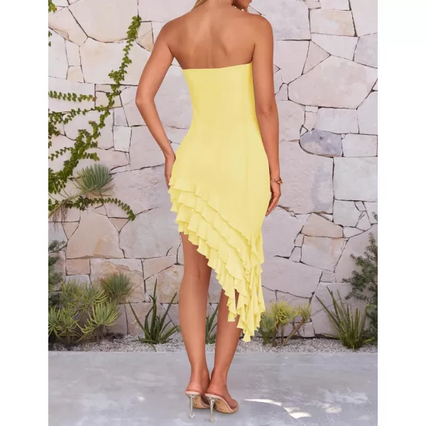 imageZESICA Womens 2024 Strapless Bodycon Tube Dress Sexy Off Shoulder Mesh Irregular Ruffle Backless Party Midi DressesLightyellow