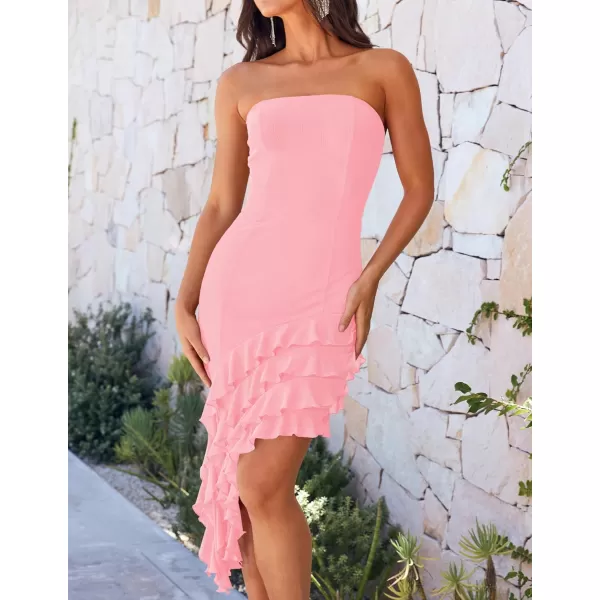 imageZESICA Womens 2024 Strapless Bodycon Tube Dress Sexy Off Shoulder Mesh Irregular Ruffle Backless Party Midi DressesPink