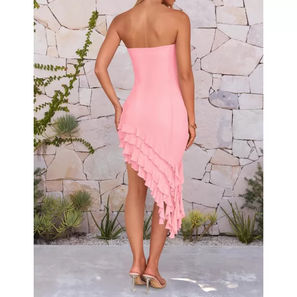 imageZESICA Womens 2024 Strapless Bodycon Tube Dress Sexy Off Shoulder Mesh Irregular Ruffle Backless Party Midi DressesPink