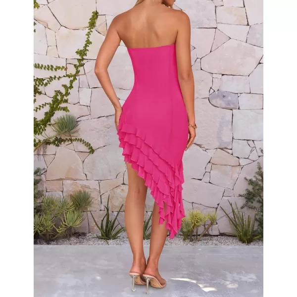 imageZESICA Womens 2024 Strapless Bodycon Tube Dress Sexy Off Shoulder Mesh Irregular Ruffle Backless Party Midi DressesRose